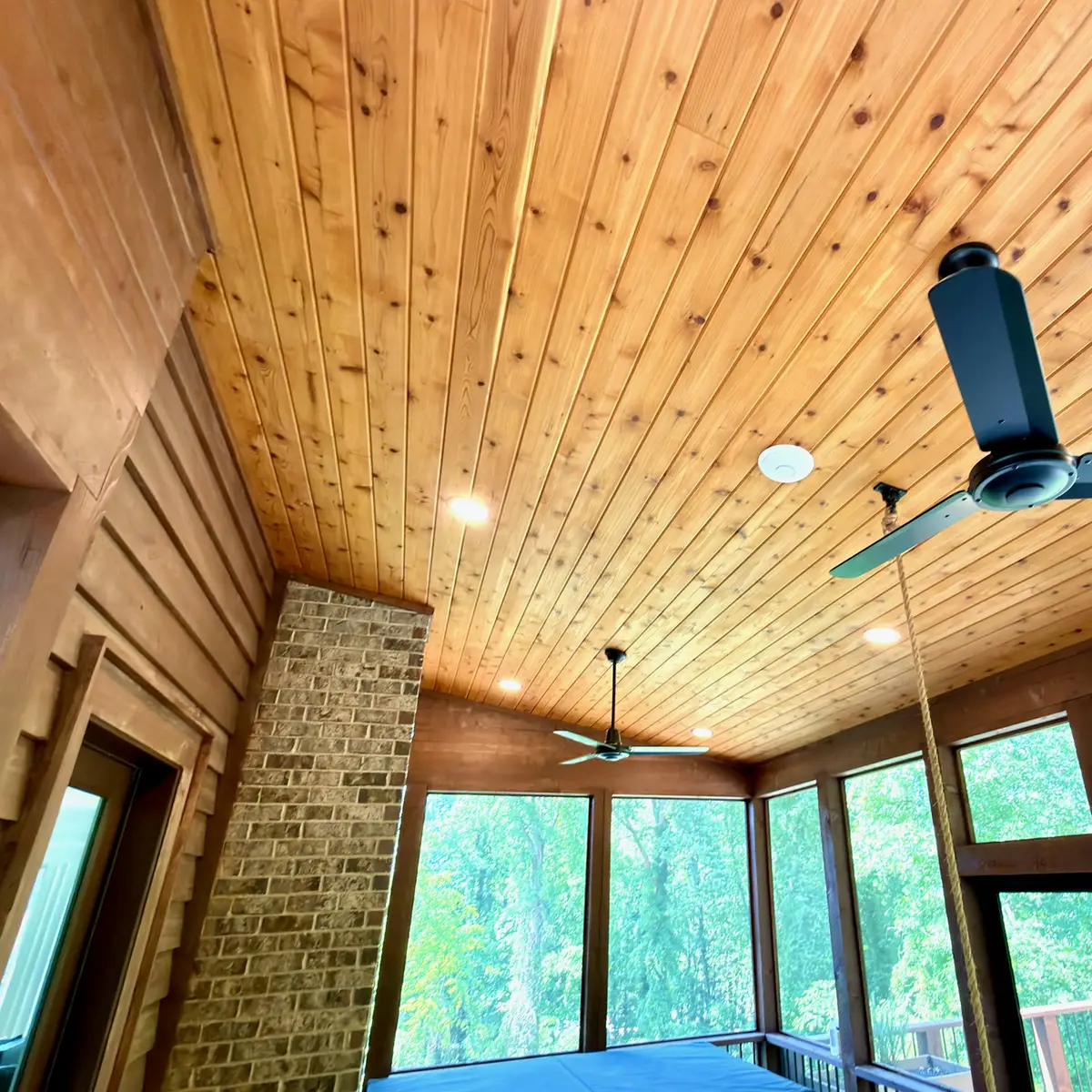 Screened porch with tongue-and-groove cedar ceiling