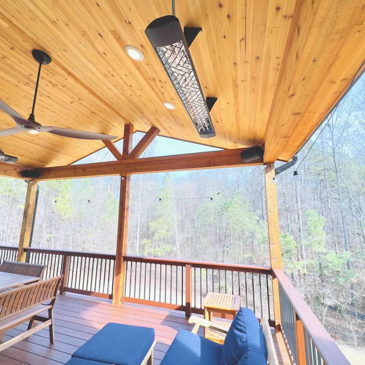 Cedar gable covered deck with patio heaters and seating