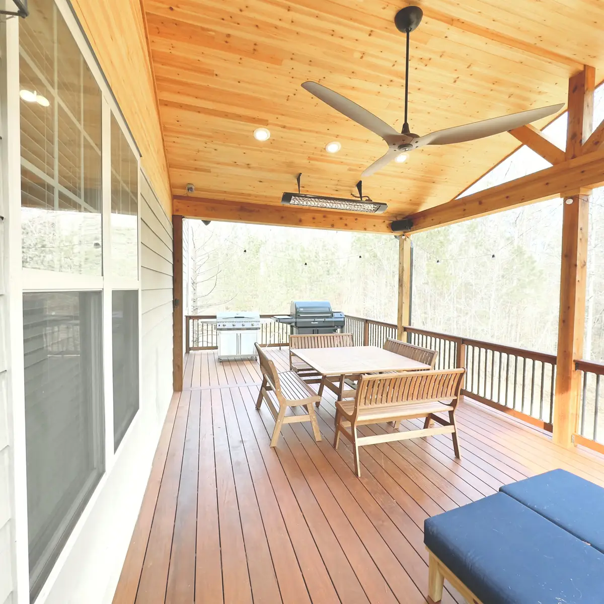 Covered deck with cedar gable, ceiling fan and grill